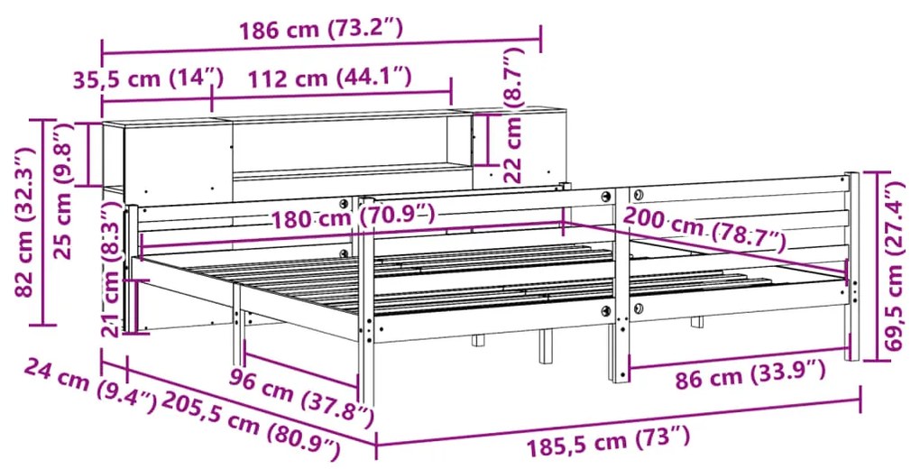 Cama com estante sem colchão 180x200 cm pinho maciço branco