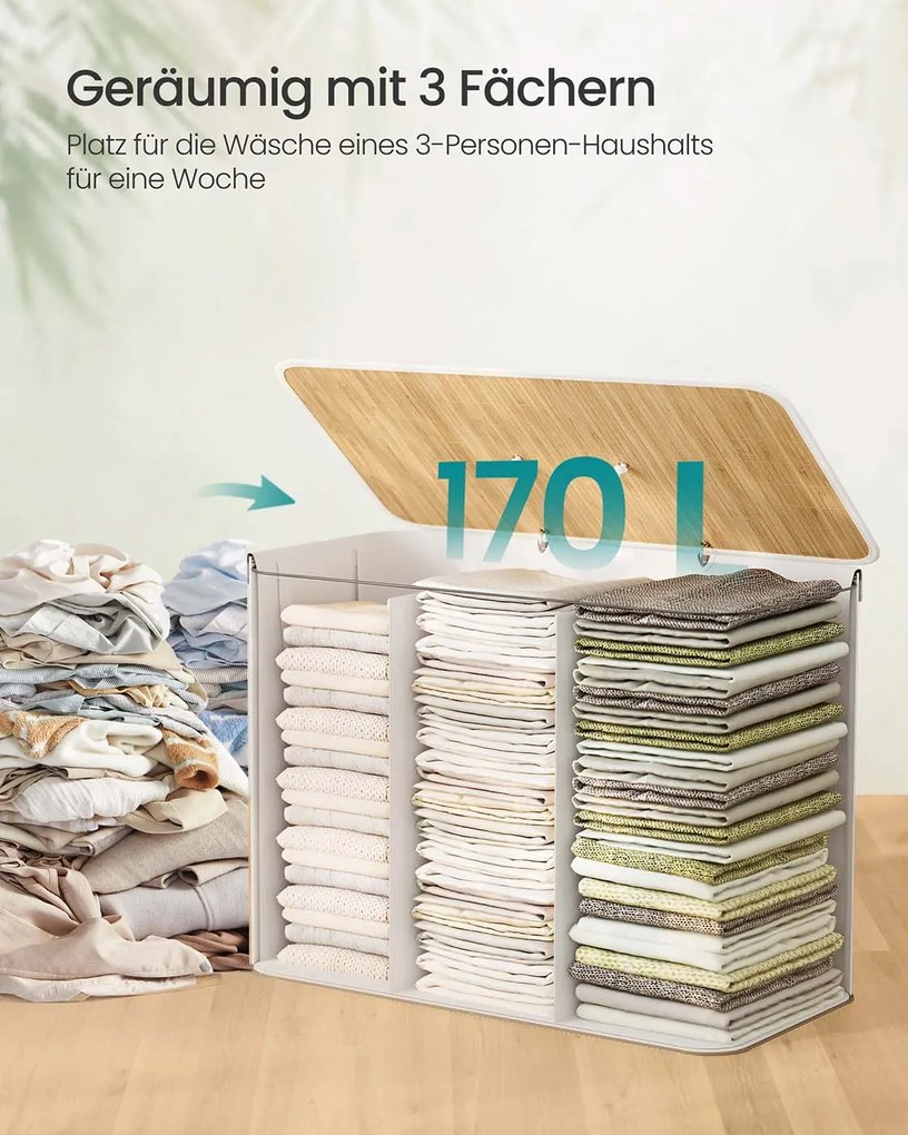 Cesto para roupa suja em bambu com 3 compartimentos 70 x 40 x 61 cm branco