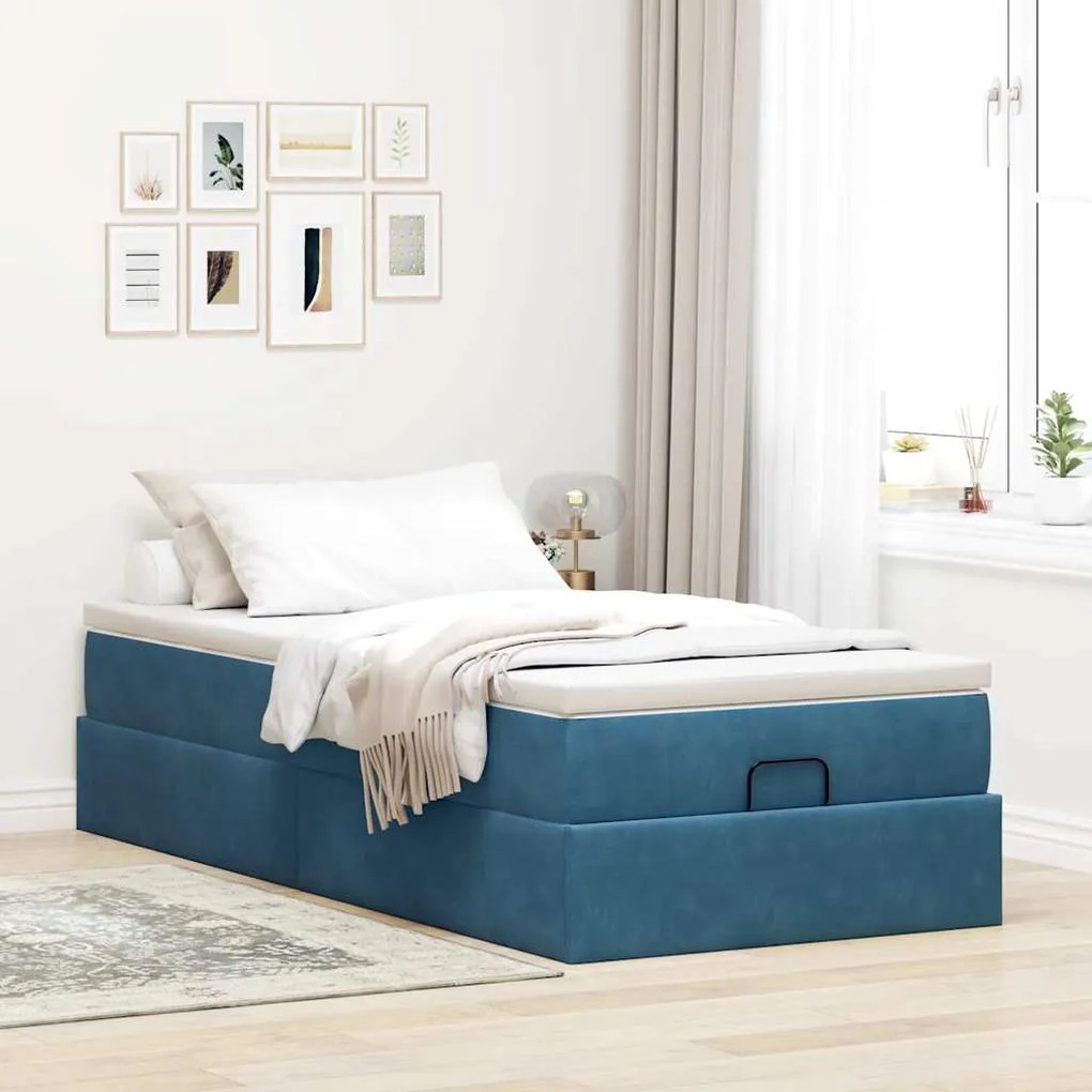 Estrutura de cama otomana com colchão azul escuro veludo