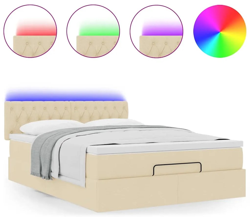 Cama Otomana com Colchão &amp; LEDs Creme 140x200 cm Tecido