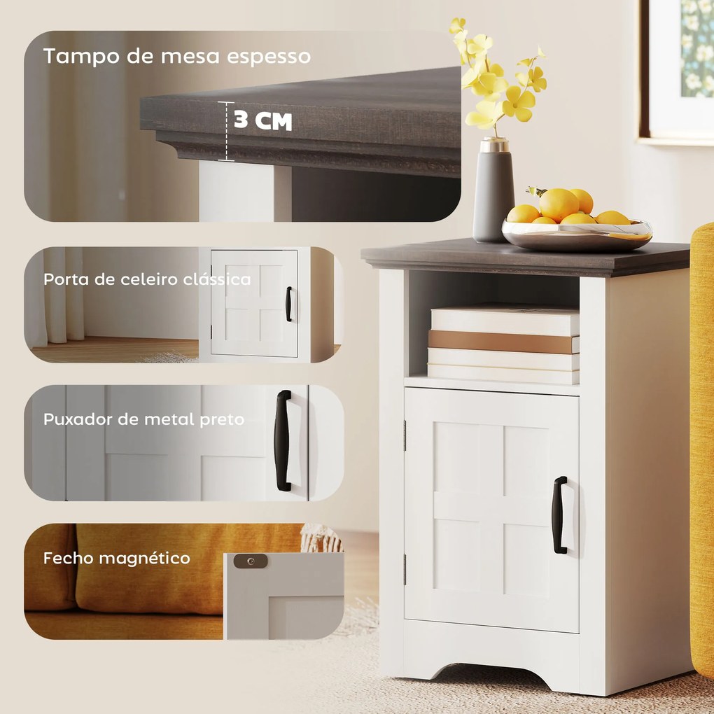Conjunto de 2 Mesas Auxiliares para Sala Mesas de Cabeceira com Porta Estilo Celeiro e Prateleira Aberta 40x35x60 cm Branco