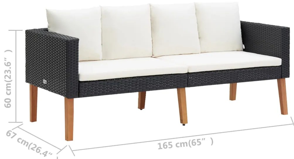 3 pcs conjunto lounge para jardim c/ almofadões vime PE preto