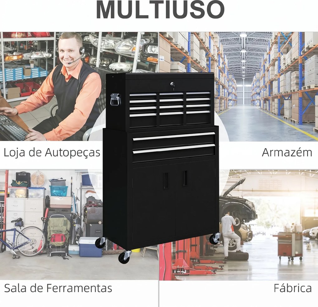 Carro de Ferramentas com Baú Superior, 6 Gavetas, Armário, Fechadura e 4 Ganchos para Garagem e Casa, Preto