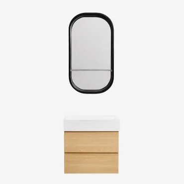 Conjunto De Móvel De Casa De Banho Em Madeira E Chapa De Freixo Com Lavatório Integrado Ona Madeira Natural & Oval Com Prateleira Preto - Sklum
