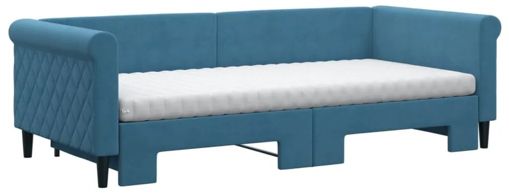 Sofá-cama com gavetão e colchões 90x200 cm veludo azul
