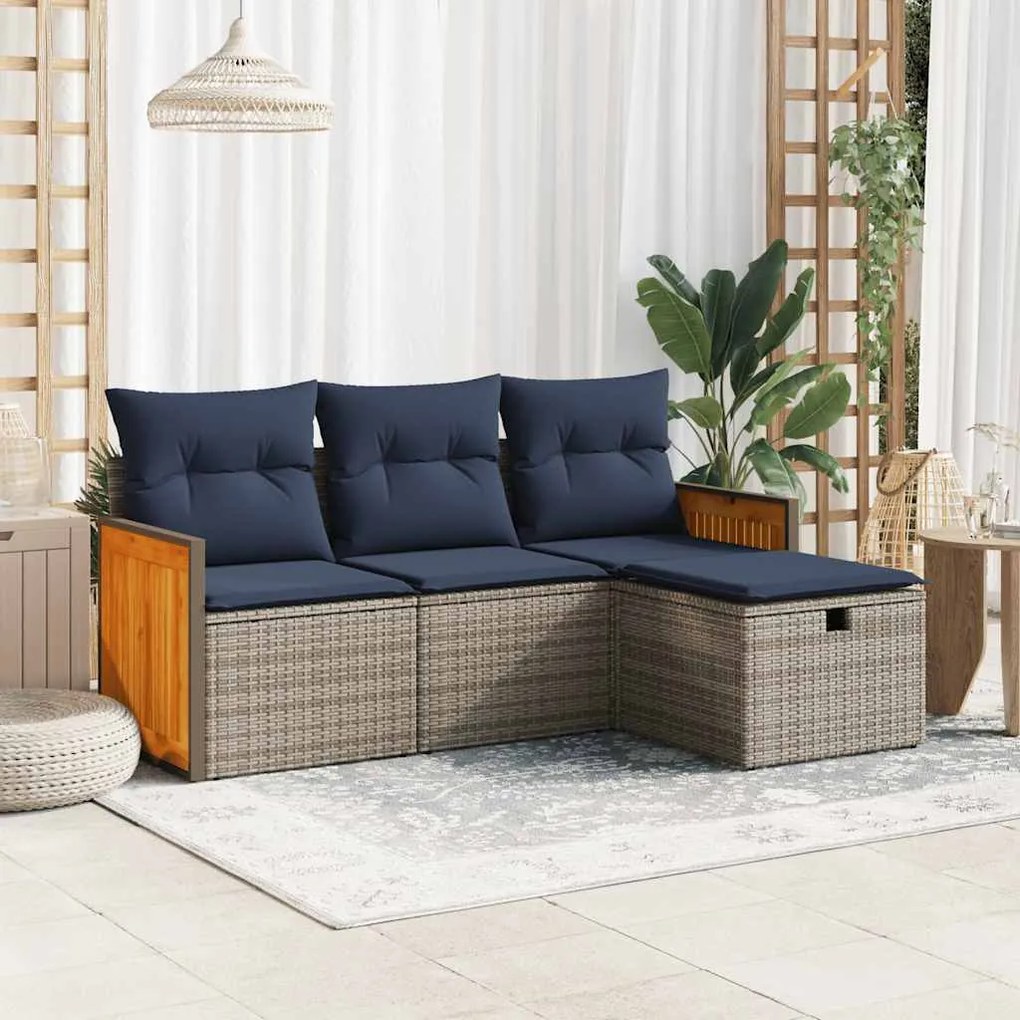 vidaXL 4 pcs conjunto sofás de jardim c/ almofadões vime PE cinzento