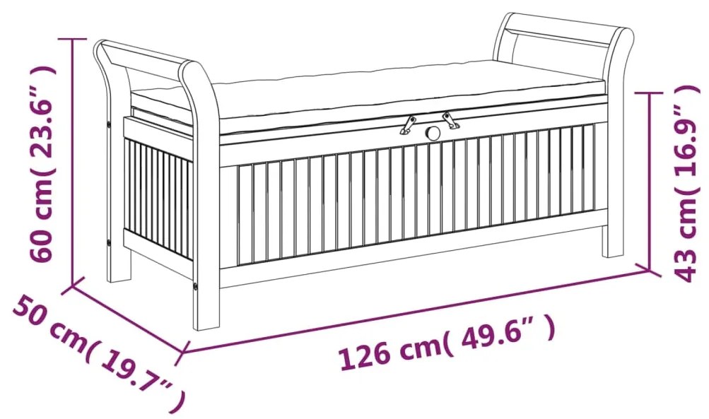 Banco de arrumação p/ jardim c/ almofadão 126 cm acácia maciça