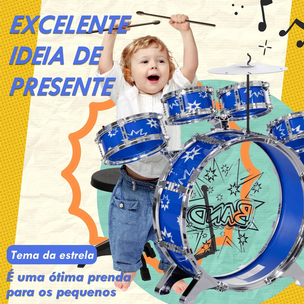 Bateria Infantil com Banco Bateria para Crianças acima de 3 Anos com Pedal e Baqueta Desenho de Estrelas 65x22x57 cm Azul