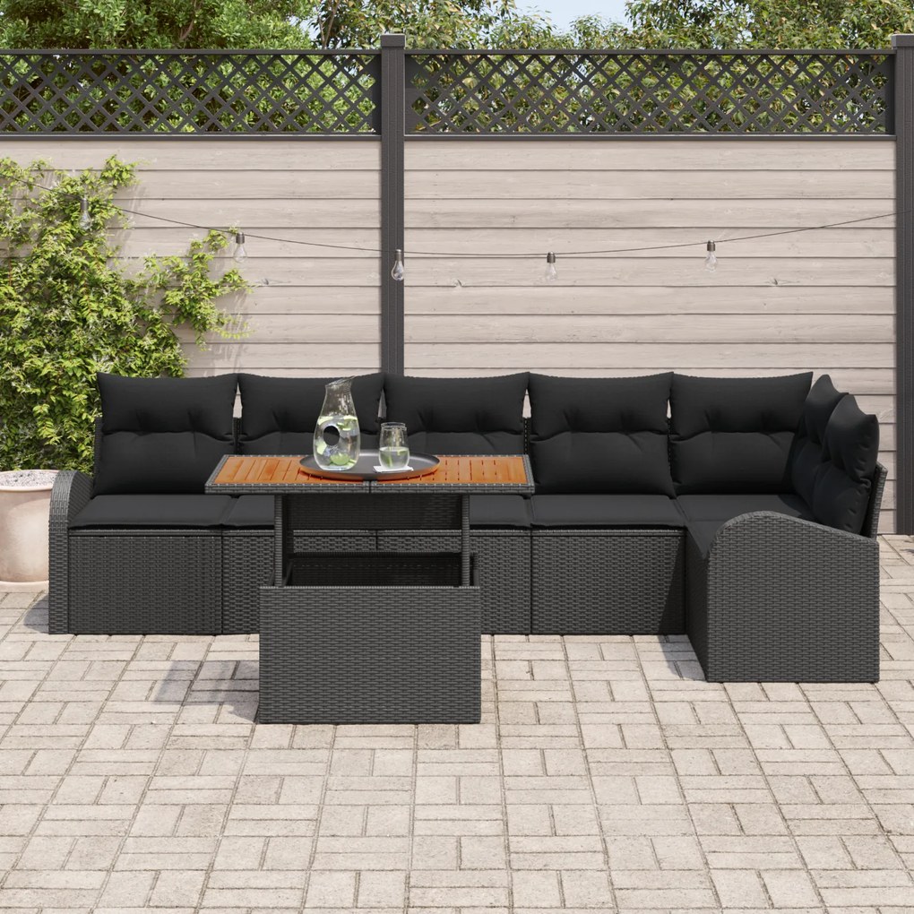 Conjunto de Sofás de Jardim de 7 Peças com Almofadas Preto Vime PE, So