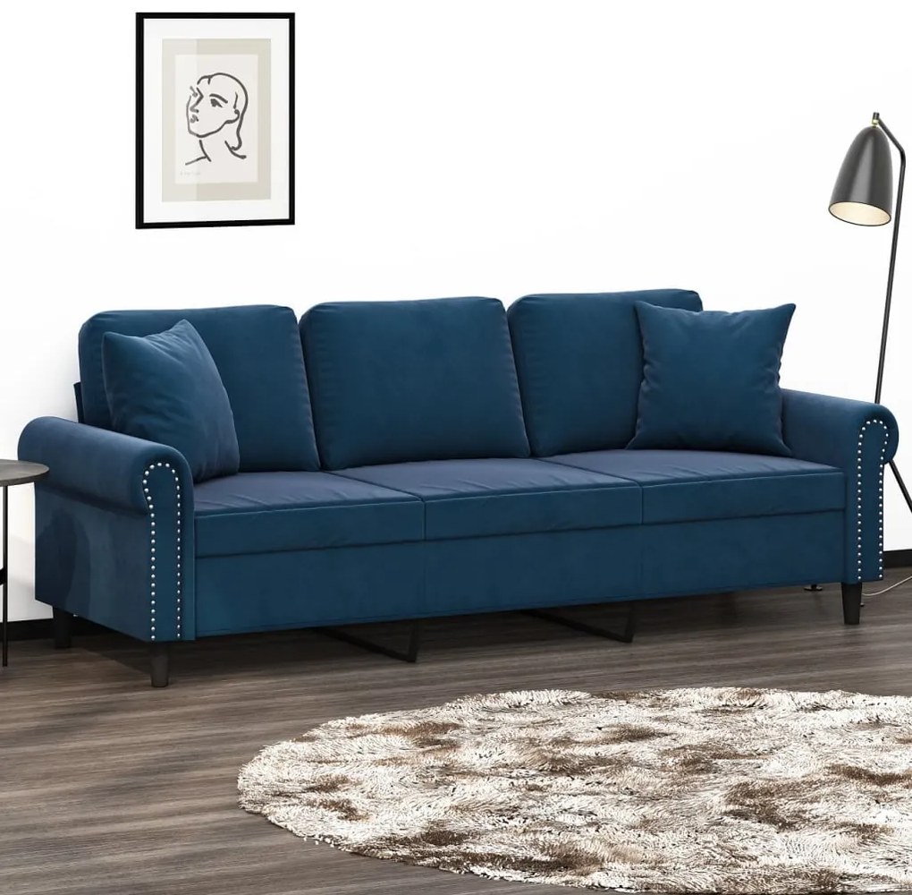 vidaXL Sofá 3 lugares c/ almofadas/almofadões 180cm veludo azul