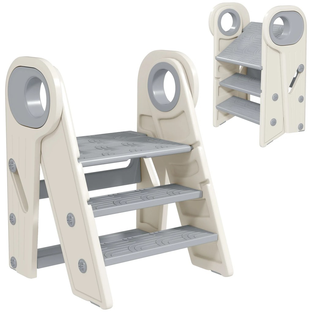 AIYAPLAY Banco para Crianças Dobrável Torre de Aprendizagem Escada para Crianças Antiderrapante  46,5x47x61,5 cm Cinza e Branco | Aosom Portugal