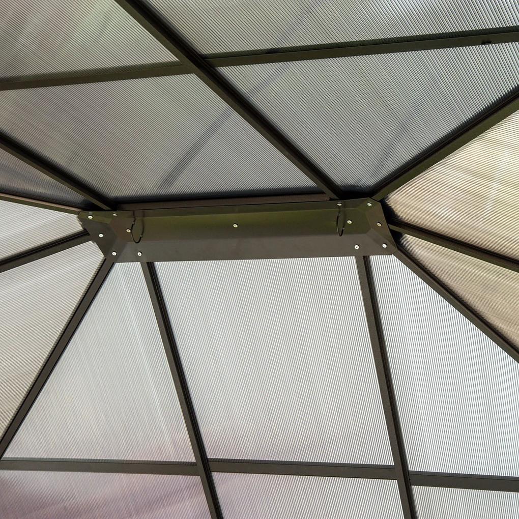 Gazebo de jardim 3,65x3 m Pavilhão de aço com telhado de policarbonato de 6 mm Proteção UV 50+ e 4 cortinas laterais Bege