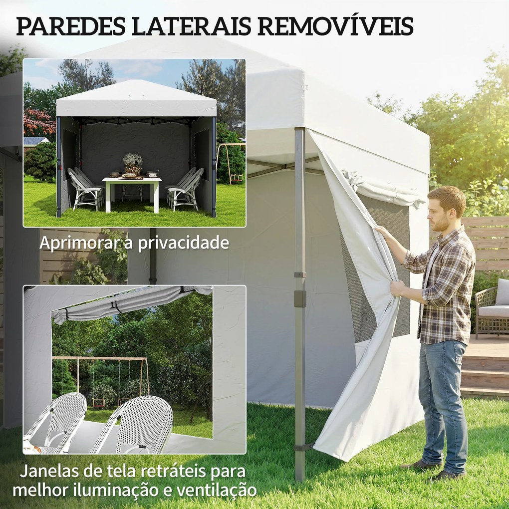 Tenda Dobrável 3x3 m Pop-up com 3 Paredes Laterais 2 Janelas em Malha UPF50+ Altura Ajustável 3 Níveis Branco