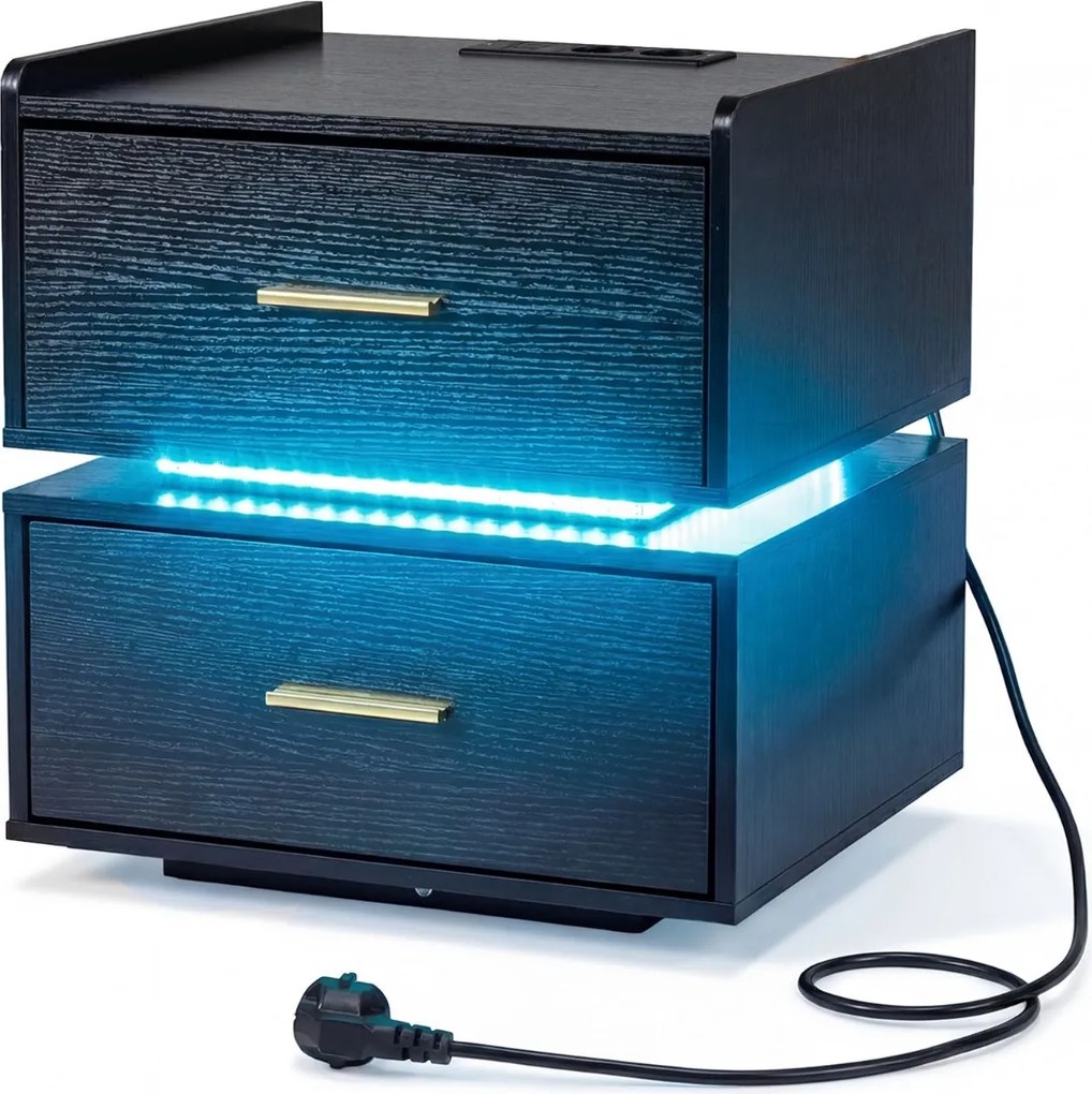 Mesa de cabeceira com base de carregamento LED, 2 gavetas, arrumação semi-suspensa e base metálica 45 x 40 x 48 cm Preta