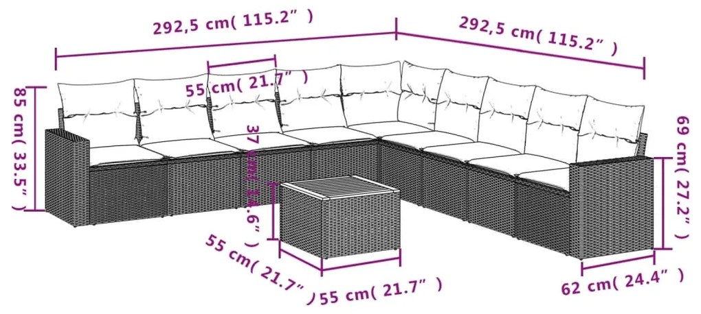 10 pcs conjunto de sofás p/ jardim com almofadões vime PE bege