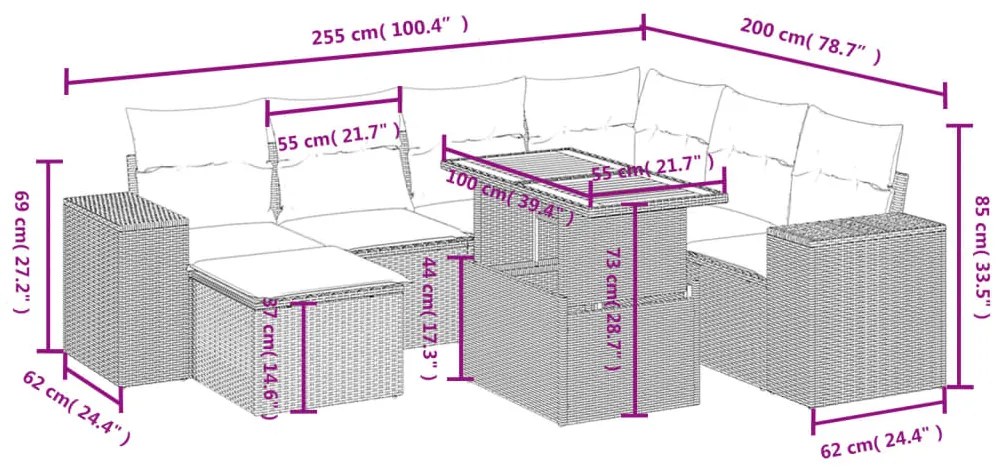 8 pcs conjunto de sofás p/ jardim com almofadões vime PE bege