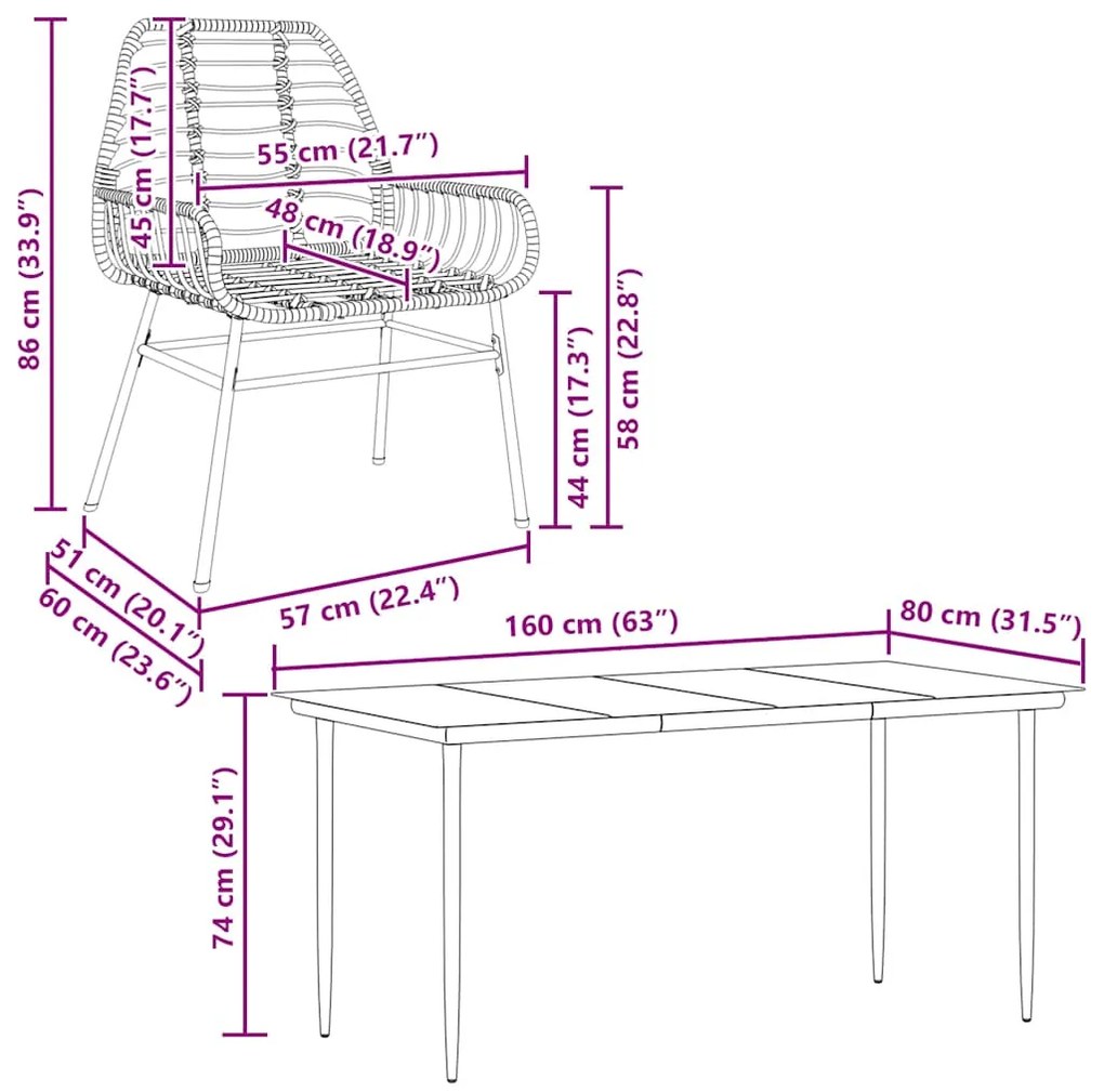 Conjunto jantar jardim 5 peças vidro vime PE castanho