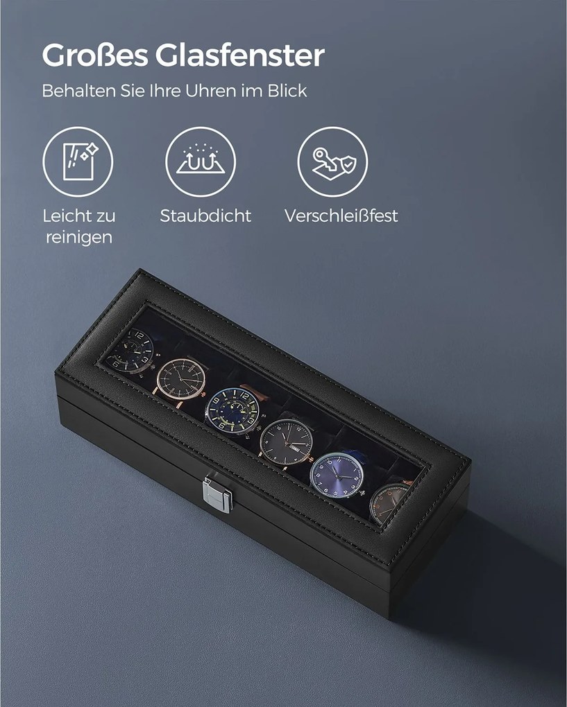 Caixa para 6 relógios 11,2 x 30 x 8 cm revestimento em PU preto, forro em veludo preto