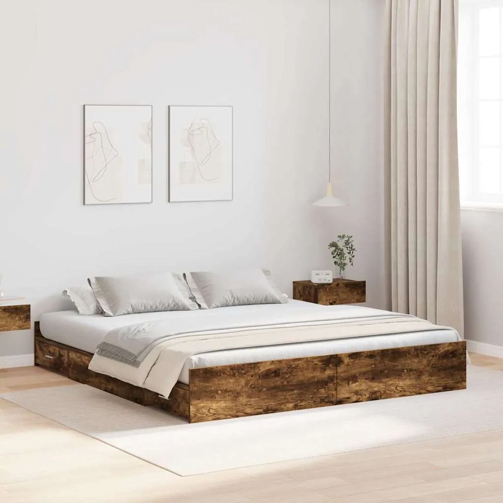 vidaXL Estrado de cama com arrumação Carvalho fumado 200 x 200 cm