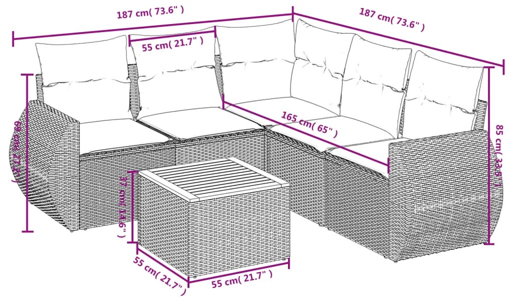 6 pcs conjunto sofás de jardim com almofadões vime cinzento