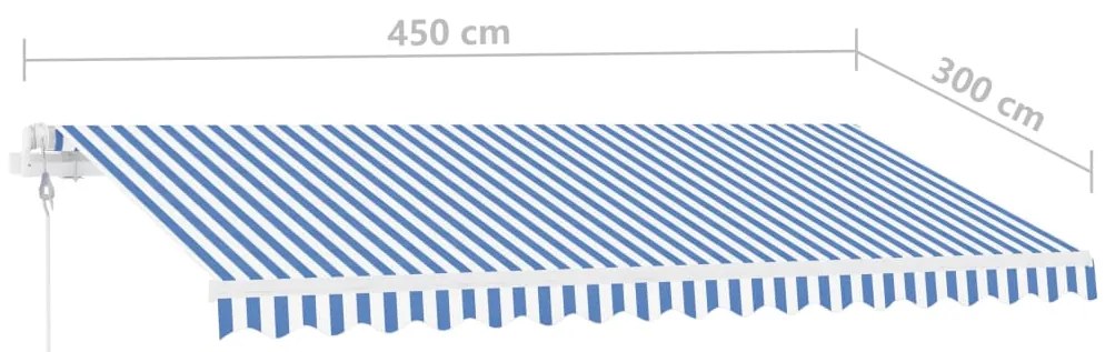 Toldo autom. c/ LED e sensor de vento 450x300 cm azul/branco