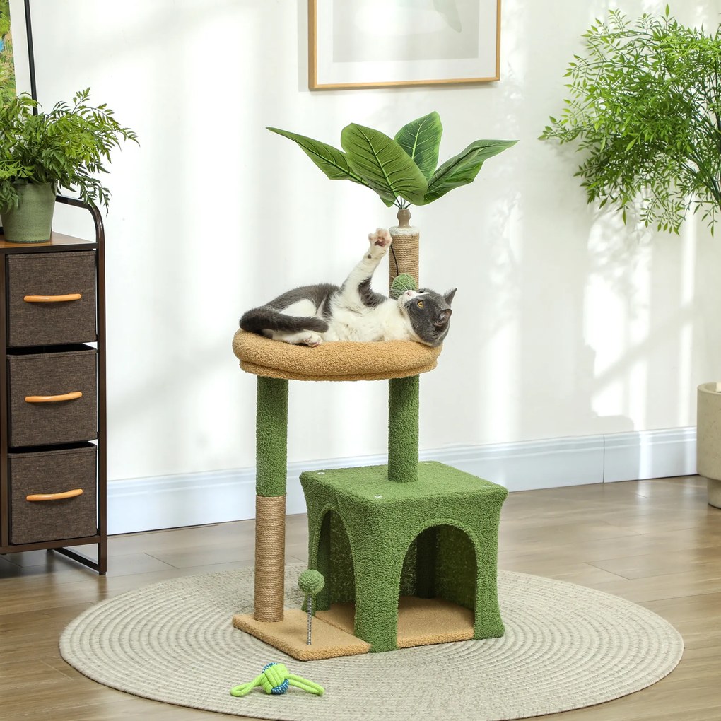Arranhador para gatos 44 x 30 x 98 cm torre de brincadeiras com compartimentos abertos, cama, arranhadores, bolas e folhas artificiais verde