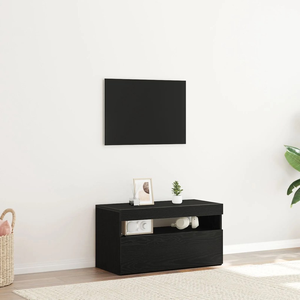 Estante para TV com Luzes LED em Madeira de Carvalho Preto 75x35x40 cm