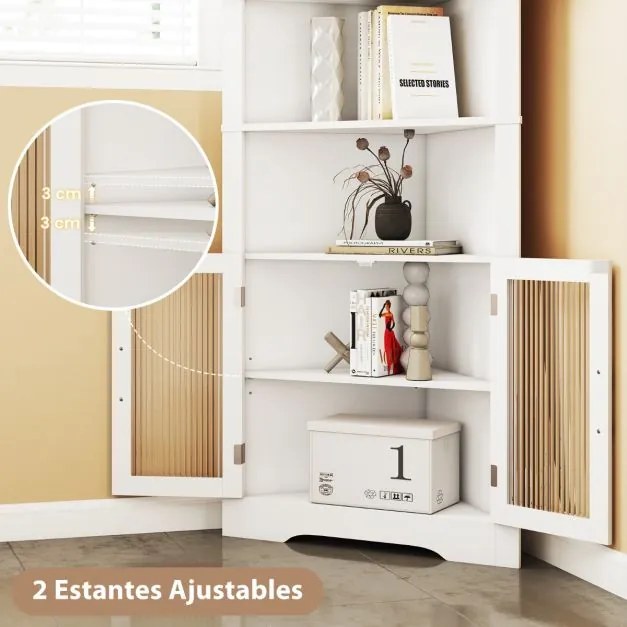 Armário de canto alto cozinha 66 x 35 x 171 cm de 6 níveis com portas de vidro e prateleiras ajustáveis em 3 posições Branco
