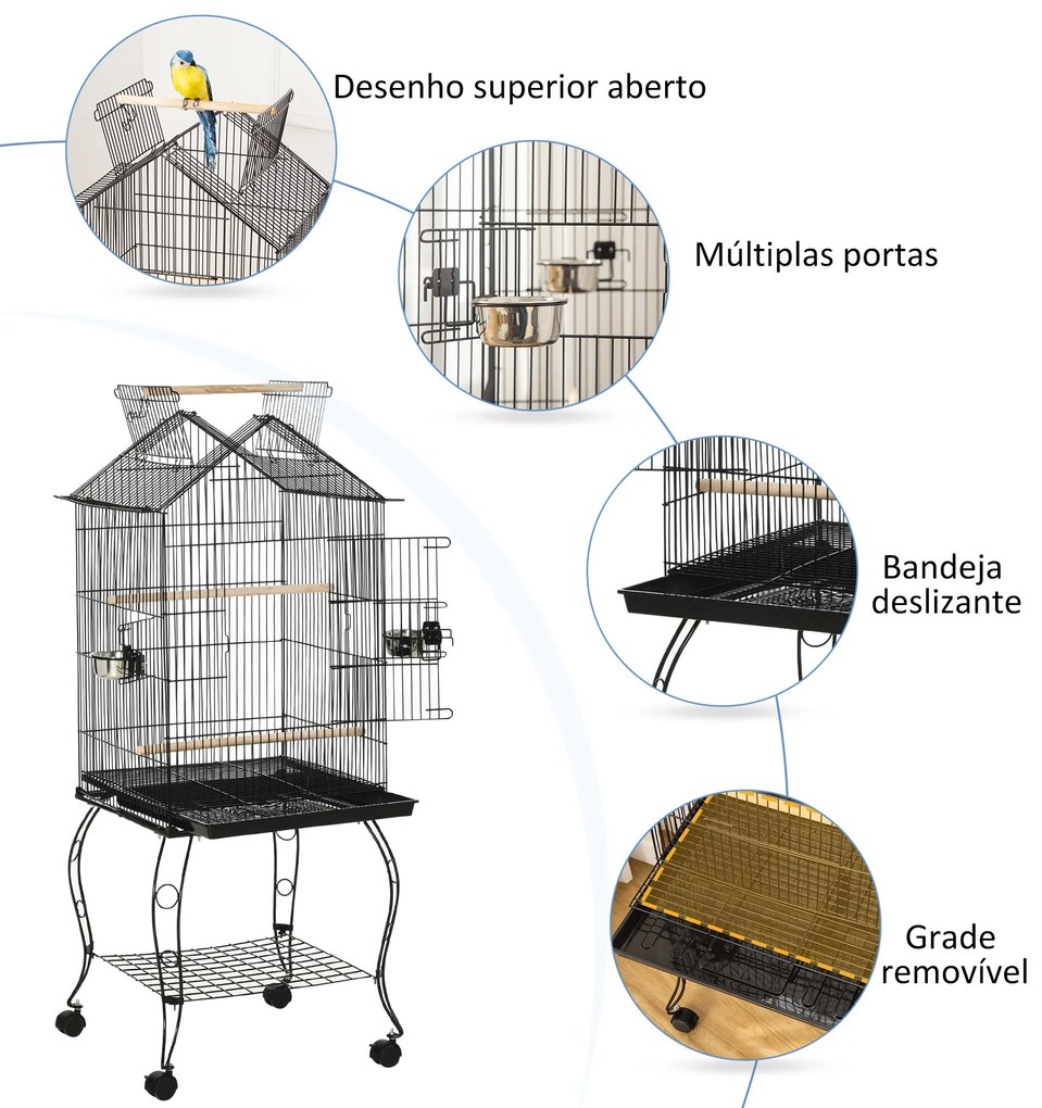 PawHut Gaiola para Pássaros com Suporte Rodas Bandeja Amovível 2 Comed