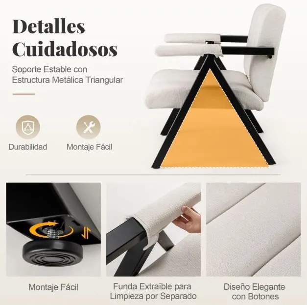 Poltrona lounge acolchoada com braços e estrutura em metal moderna Bege e Preto