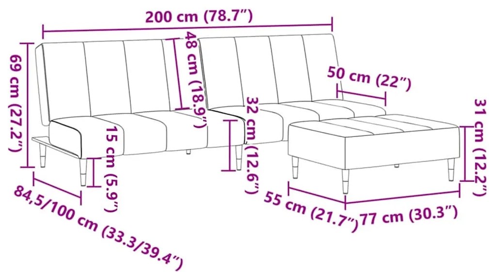 Sofá-cama 2 lugares c/ apoio de pés veludo amarelo