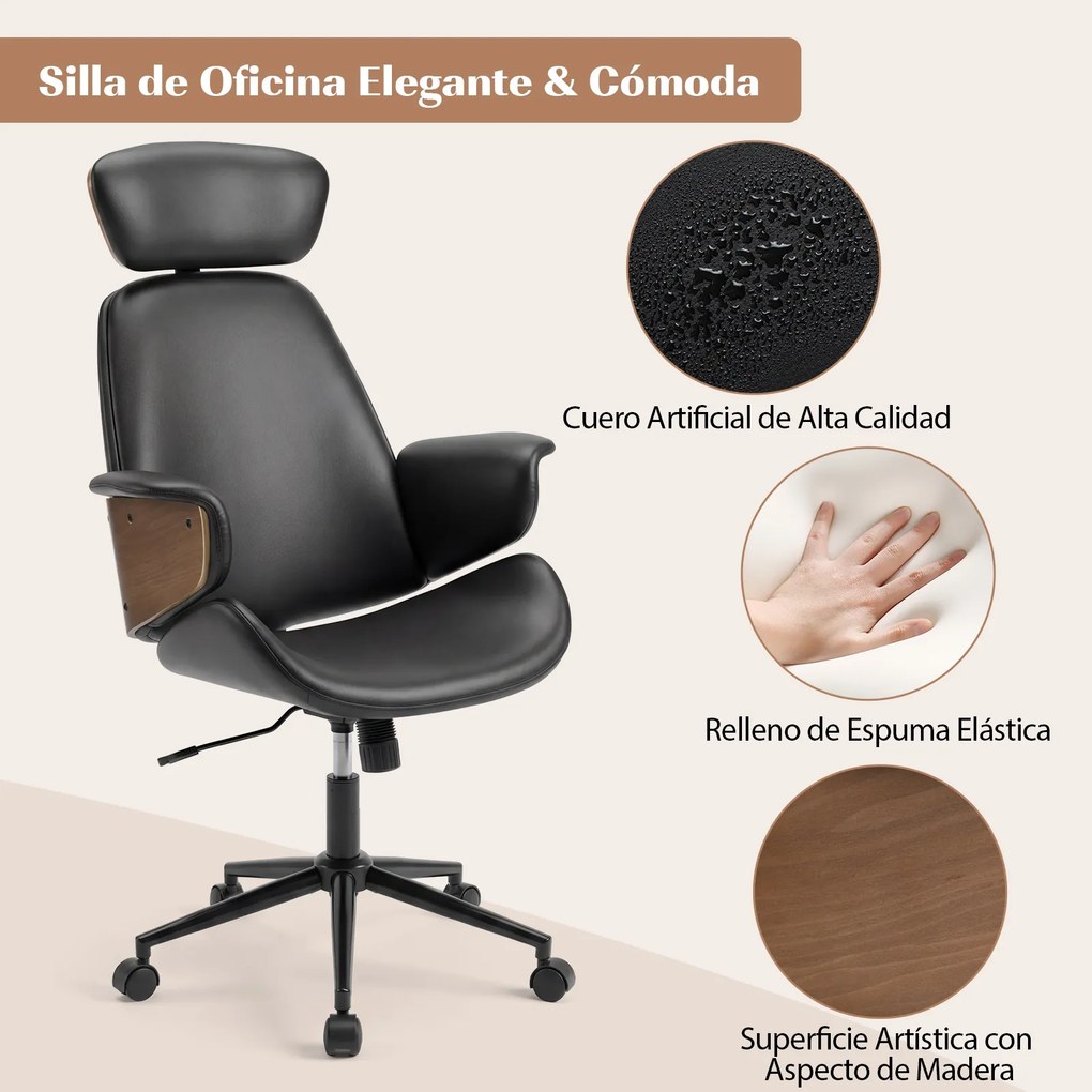 Cadeira de escritório ergonómica com encosto inclinável a 122°, braços, apoio lombar, rodas e altura ajustável - Preto