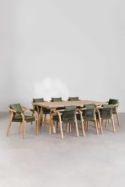 Conjunto De Mesa Retangular 200x100 Cm E 8 Cadeiras De Jantar Em Madeira De Acácia Dubai Tecido Verde Exército & Castanho Acácia Rústico - Sklum