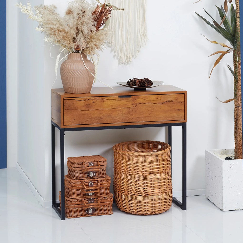 Mesa de consola, com gaveta e pés em aço, para sala de estar, hall de entrada, corredor, 80 x 30 x 76 cm, castanho