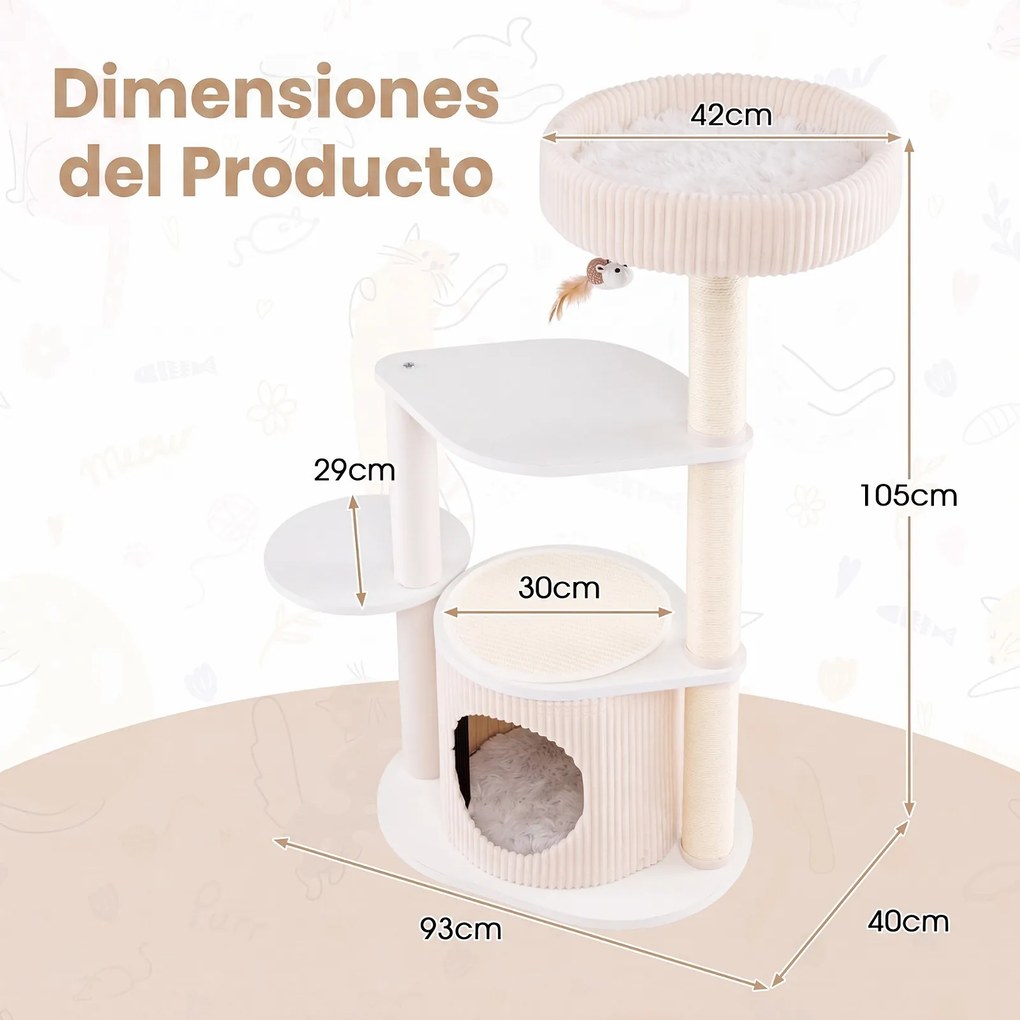 Árvore de Arranhar para Gatos, 93 x 40 x 105 cm, Multinível com Postes de Sisal, Bege
