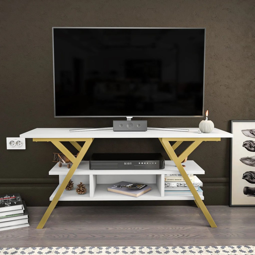 Móvel TV Minerva – Dourado e Branco – 120x35x55 cm