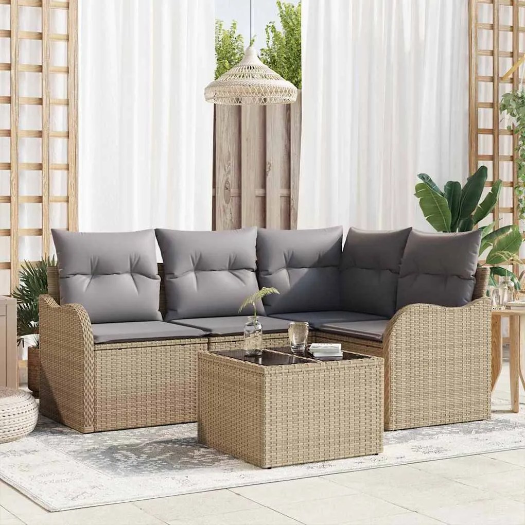 Conjunto de Sofás de Jardim de 5 Peças com Almofadas Pretas de Rattan