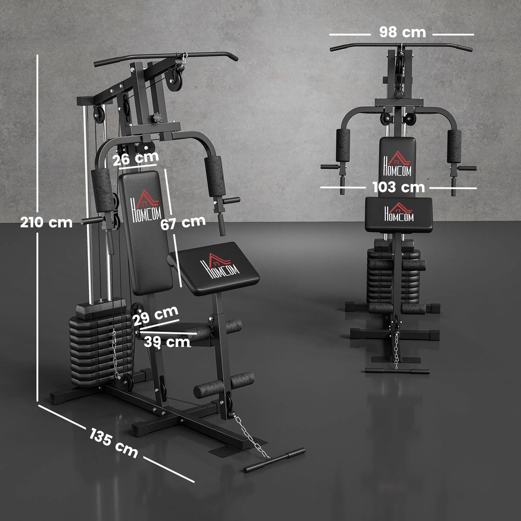 Máquina de Musculação com Pesos Ajustáveis de 45 kg, Press de Peito e Pernas, Polia 135x103x210 cm, Preto