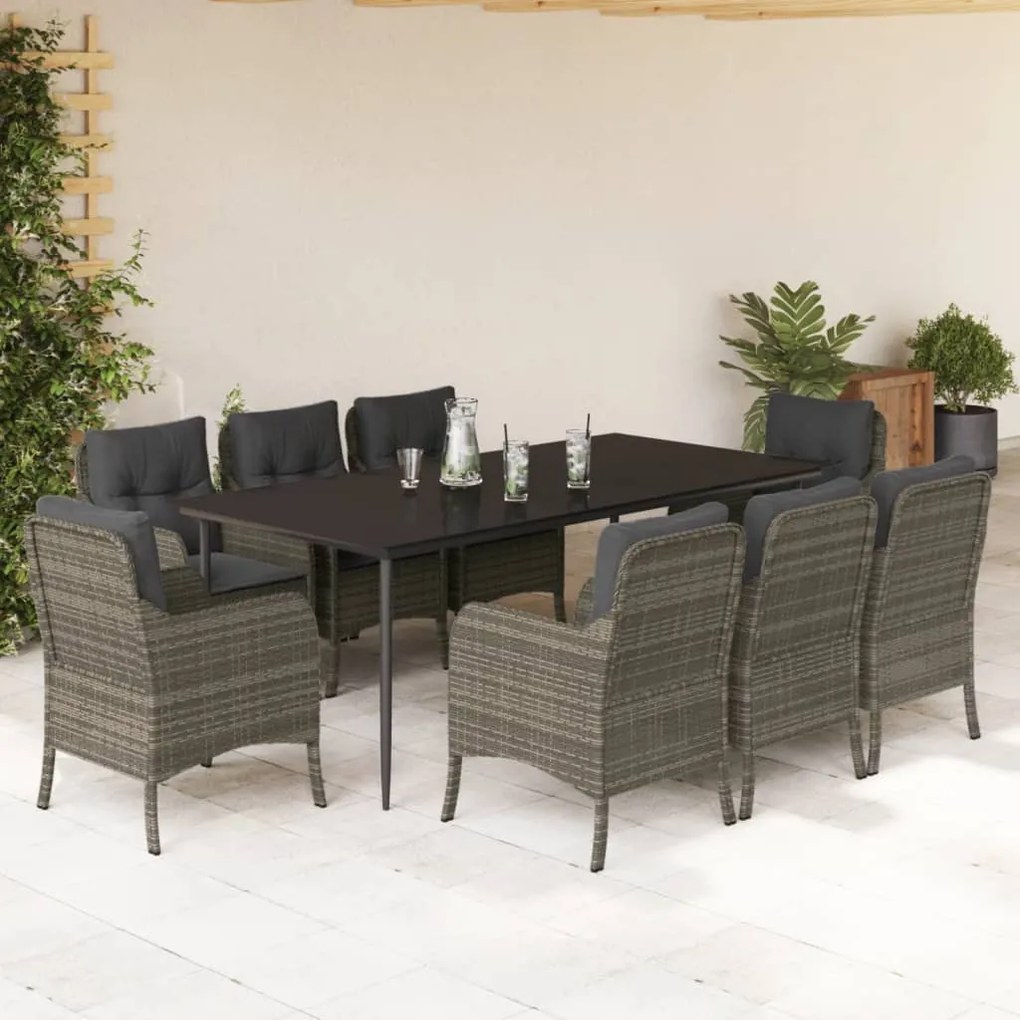 9 pcs conjunto de jantar p/ jardim c/ almofadões vime PE cinza