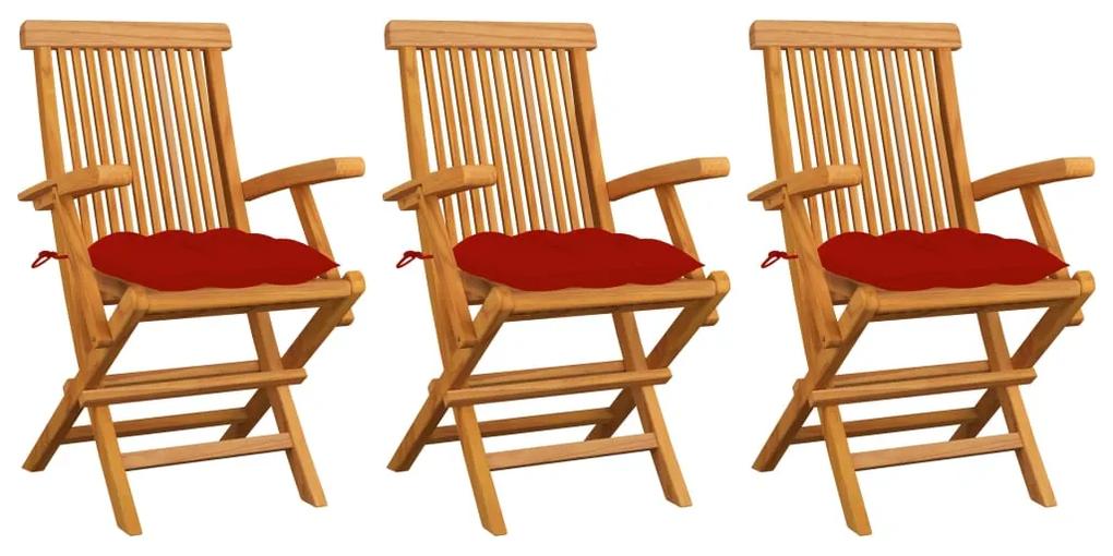 3062535 vidaXL Cadeiras de jardim c/ almofadões vermelhos 3 pcs teca maciça