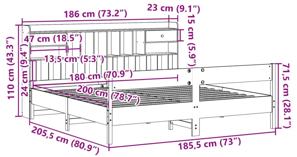 Cama com estante sem colchão 180x200 cm pinho maciço