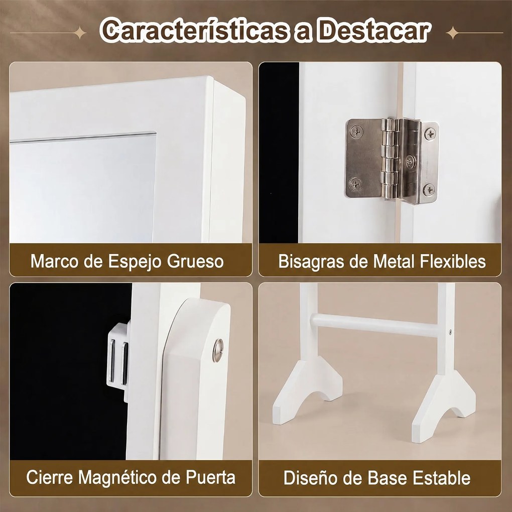 Armário para Joias com Espelho de Corpo Inteiro, 35 x 34 x 154 cm, Armazenamento Organizado, Branco