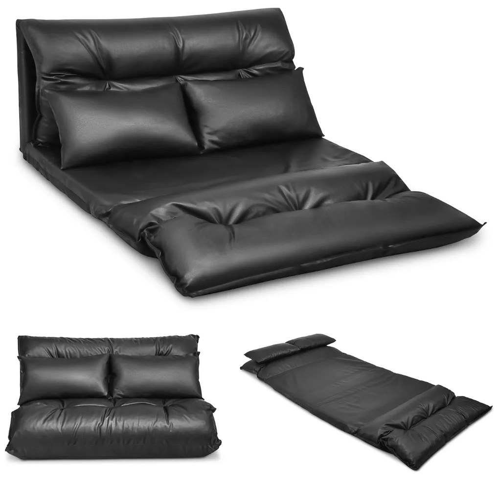 Sofá-cama dobrável de couro sintético com 2 almofadas ajustáveis de 5 posições 227 x 110 x 13 cm Preto