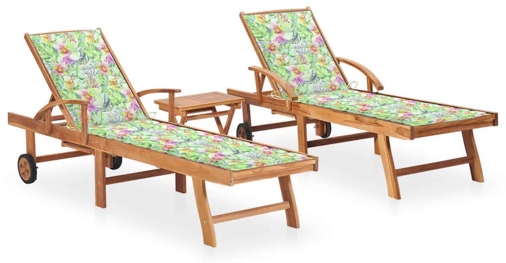 vidaXL Espreguiçadeiras com mesa e almofadão 2 pcs teca maciça