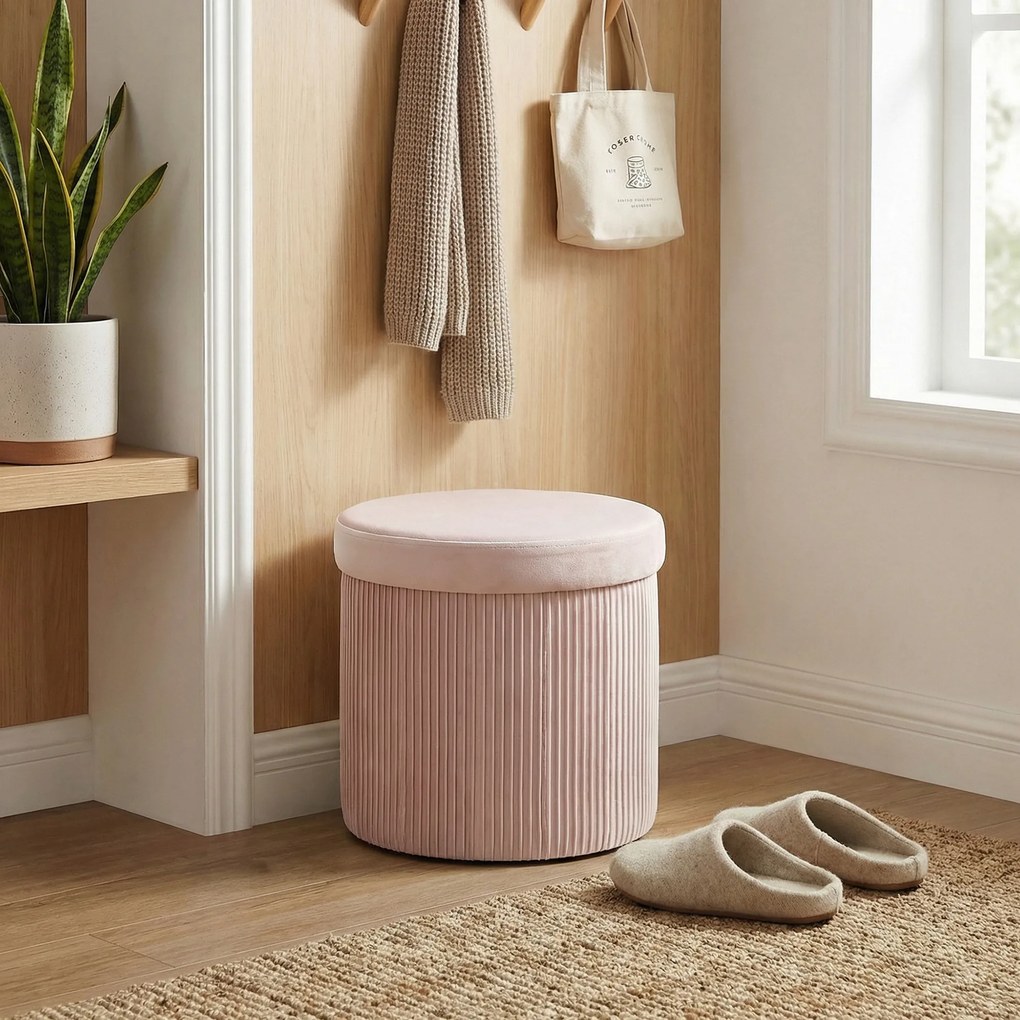 Puff de Arrumação Banco de Arrumação Dobrável 35 L 38x38x38 cm Estofado em Veludo Baú de Arrumação Redondo Rosa