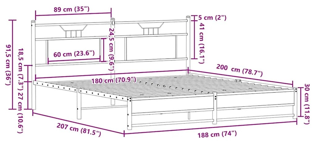 Estrutura de cama sem colchão 180x200cm metal carvalho sonoma