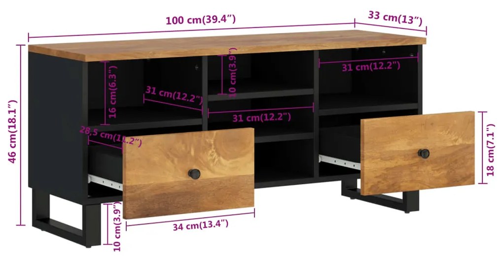 Móvel de TV 100x33x46 cm mangueira maciça/derivados de madeira