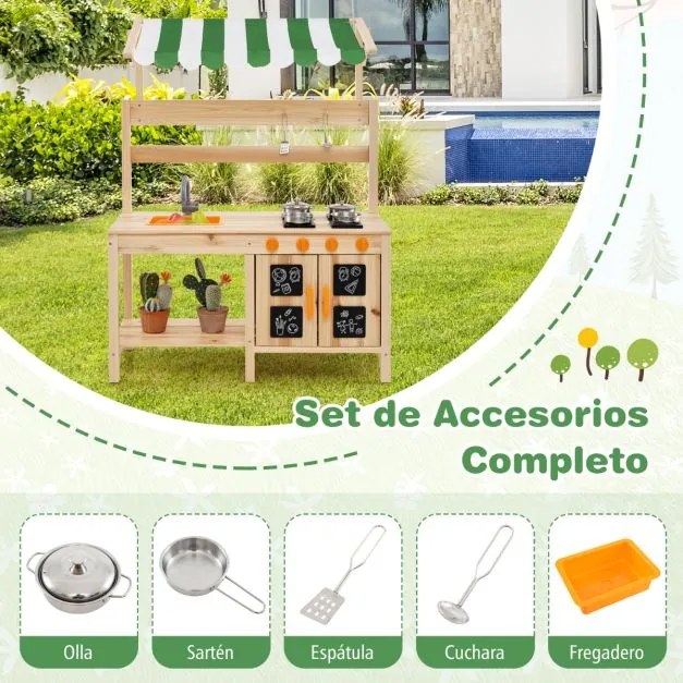 Cozinha de brincar de exterior para crianças em madeira de abeto com lava-loiça no teto 4 fogões com puxadores rotativos Natural