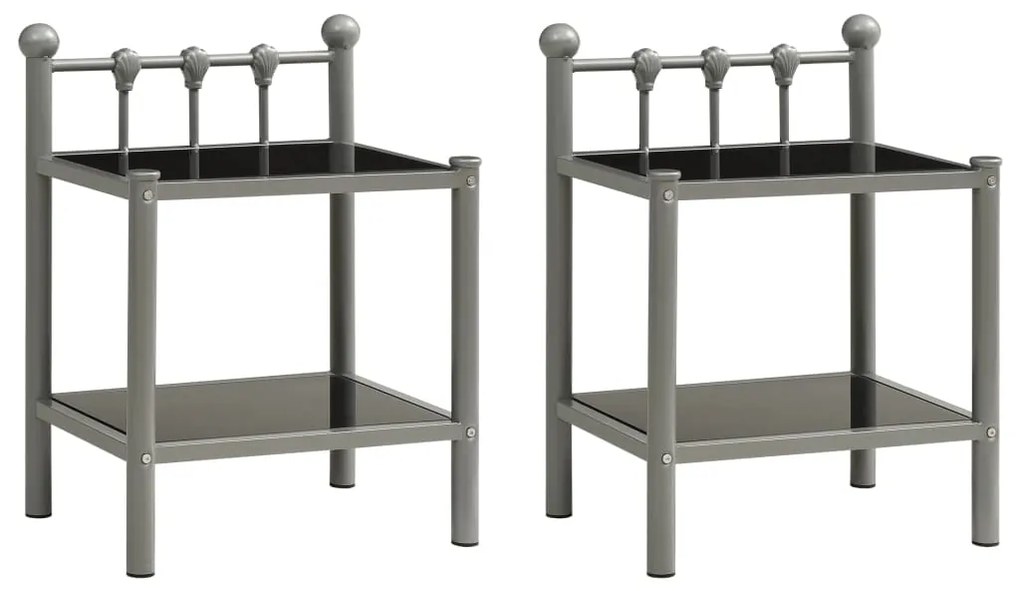 vidaXL Mesas de cabeceira 2 pcs metal cinzento e vidro preto