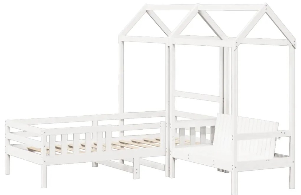 Conj. de cama e banco com telhado 80x200 cm pinho maciço branco